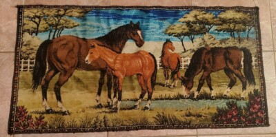 Vtg R.T.C. Velvet Tapestry Horses Foal in Pasture Wall Hanging @ 56'' x 40'' 