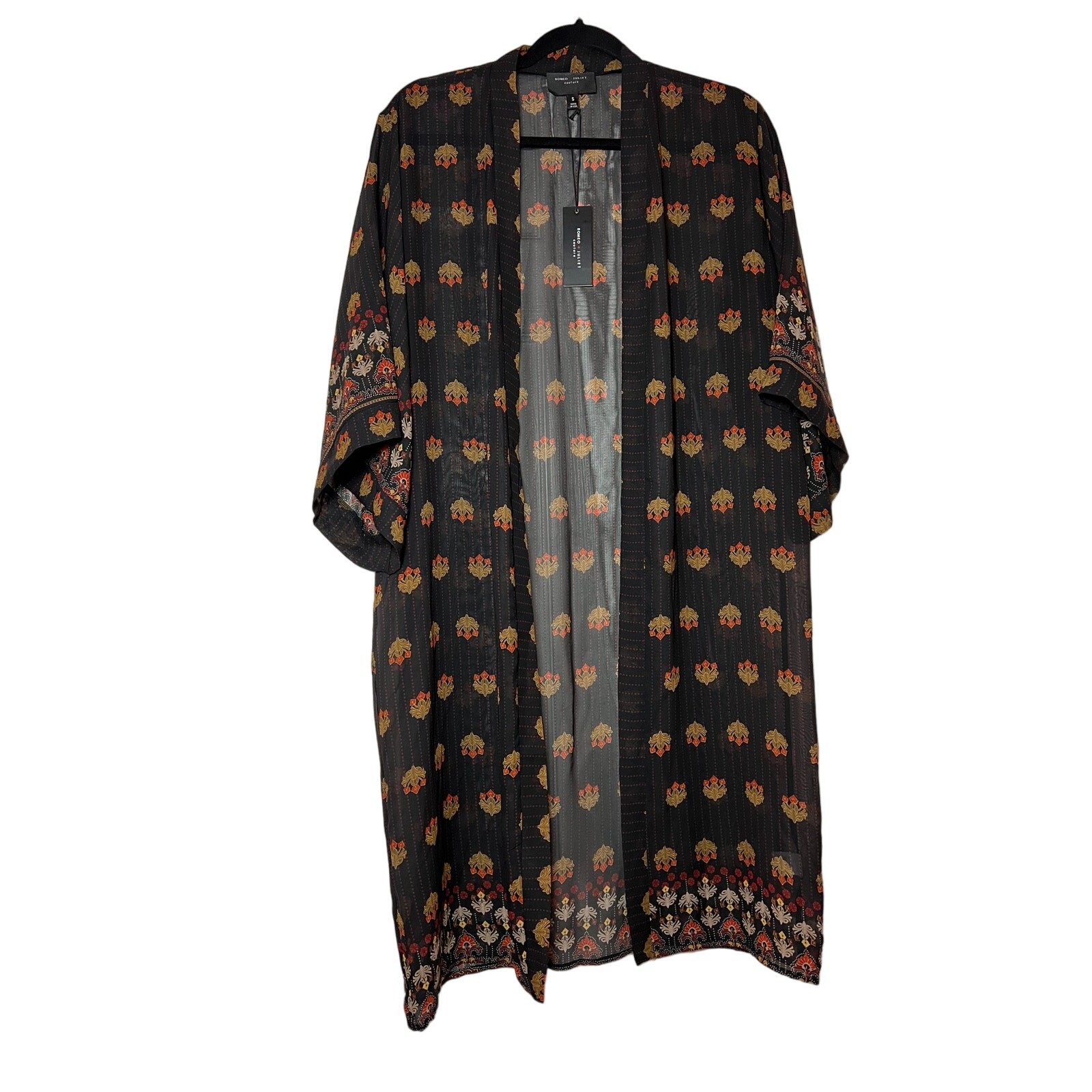 Romeo & Juliet Couture Boho Print Long Line Semi Sheer Duster Kimono Size S NEW