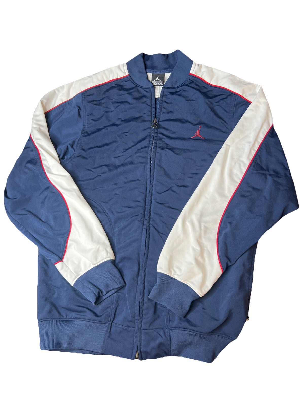 Air Jordan, Vintage Air Jordan Navy Small Men’s Track Jacket Red Logo, White Striped Sleeves