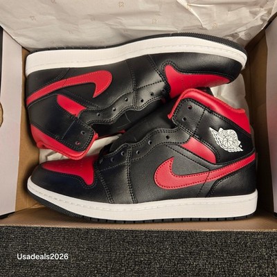 Nike Air Jordan 1 Mid Bred Black Red Mens Basketball Shoes 554724-074