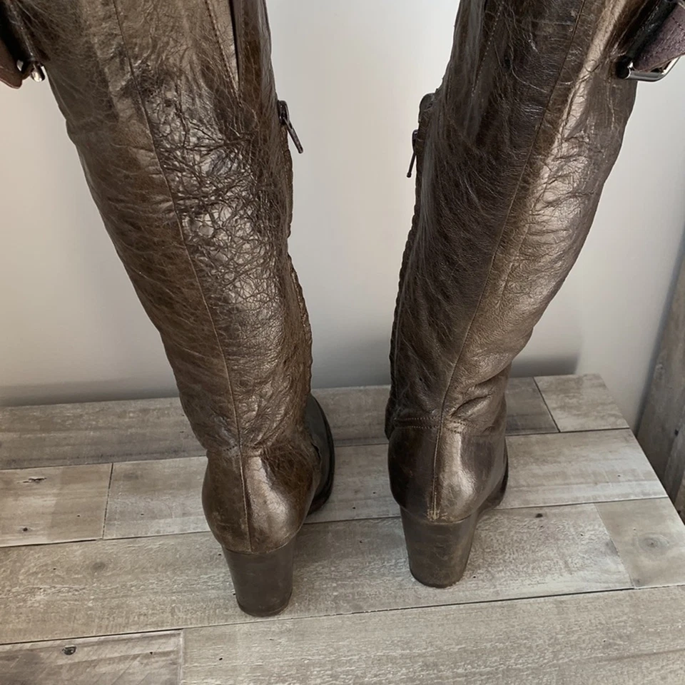 Botas de cuña Apepazza media pantorrilla marrón cuero tacón para mujer 7,5 Foto 3 de 4