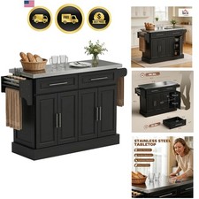 Rolling Kitchen Island Cart with 47" Stainless Steel Top, Portable Island Tab...