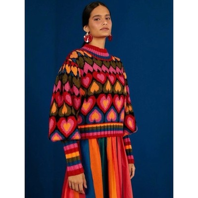 Farm Rio Full of Hearts Jacquard Sweater Rainbow Puff Sleeves Size L