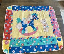 NEW Vintage Baby Quilt Blanket Rocking Horse Teddy Bear Button Yellow Blue 39X43