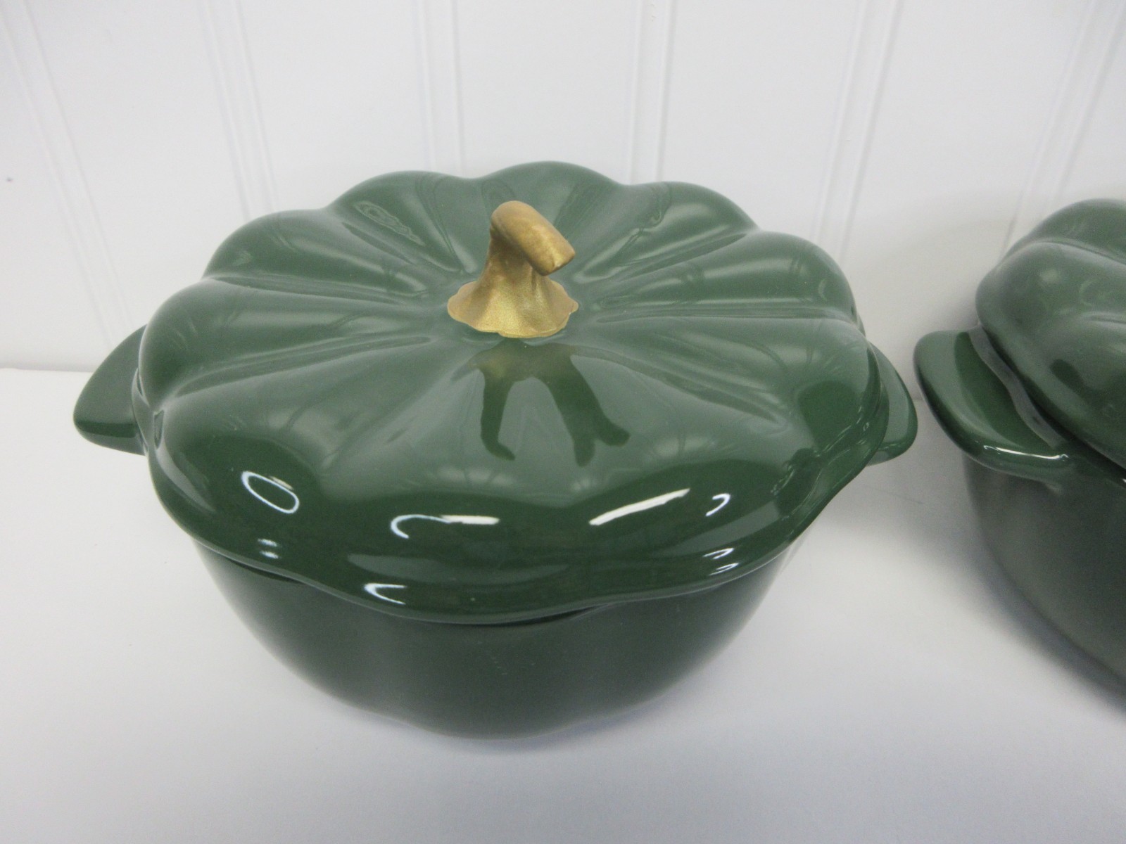Pioneer Woman Ceramic Pumpkin Mini Dutch Oven Pot Cocottes Lids 3Pcs Green New