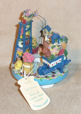 Candle Capper Jar Candle Topper Birdhouse Village w Flowers, Cat, Butterfly NEW