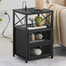 Black End Table with USB Ports and Outlets,24 Inch Nightstands with Charging ...