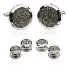 Men's Silver Diamond Dust Tuxedo Cuff links and Studs Formal Set with Present...