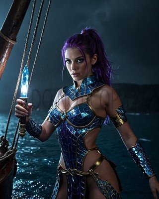 Fantasy Warrior Woman Purple Hair Glowing Dagger Ship Storm Art Print