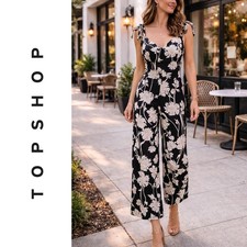 TOPSHOP, Floral Cutout Wide Leg Jumpsuit Black Tie Shoulder Botanical Size 6