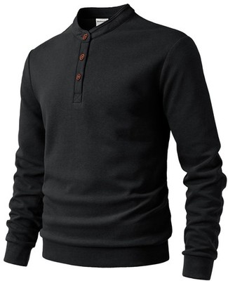 Mens Fleece Sweatshirt Henley Pullover Long Sleeve Shirt Cotton Basic Fleece P...