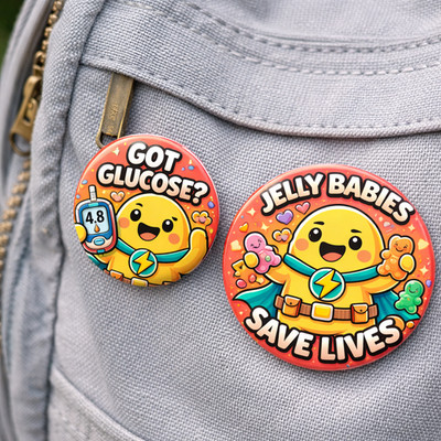 Diabetes Hypo Badge | Glucose Awareness Pin | Jelly Babies | T1D Geschenk | 38mm 45m