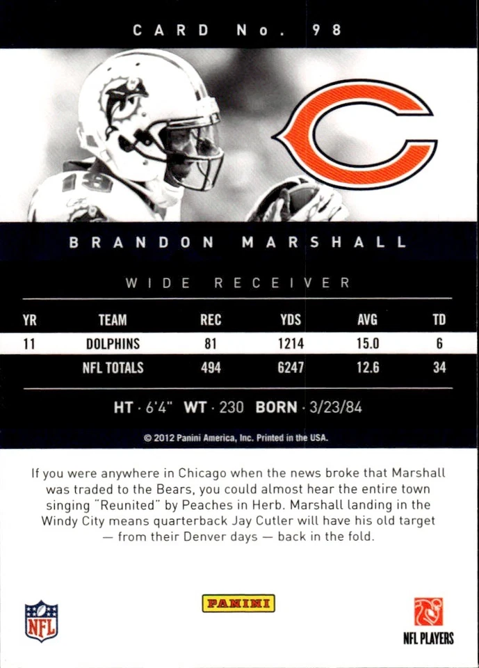 2012 Panini Prestige #98 Brandon Marshall [GOATCARDS] - Image 2 of 2