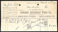 1890 Gowanda Agricultural Works Co. Billhead Receipt Meadville PA Antique