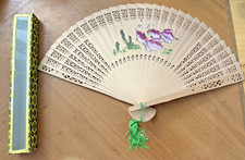 Vintage Chinese Hand Fan Bamboo w/ Fish Design Comes w/ Original Storage Box 