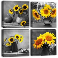 4 Teilig Leinwandbilder mit Sonnenblume und graue Kunst Motiv Kunstdruck  Mod...
