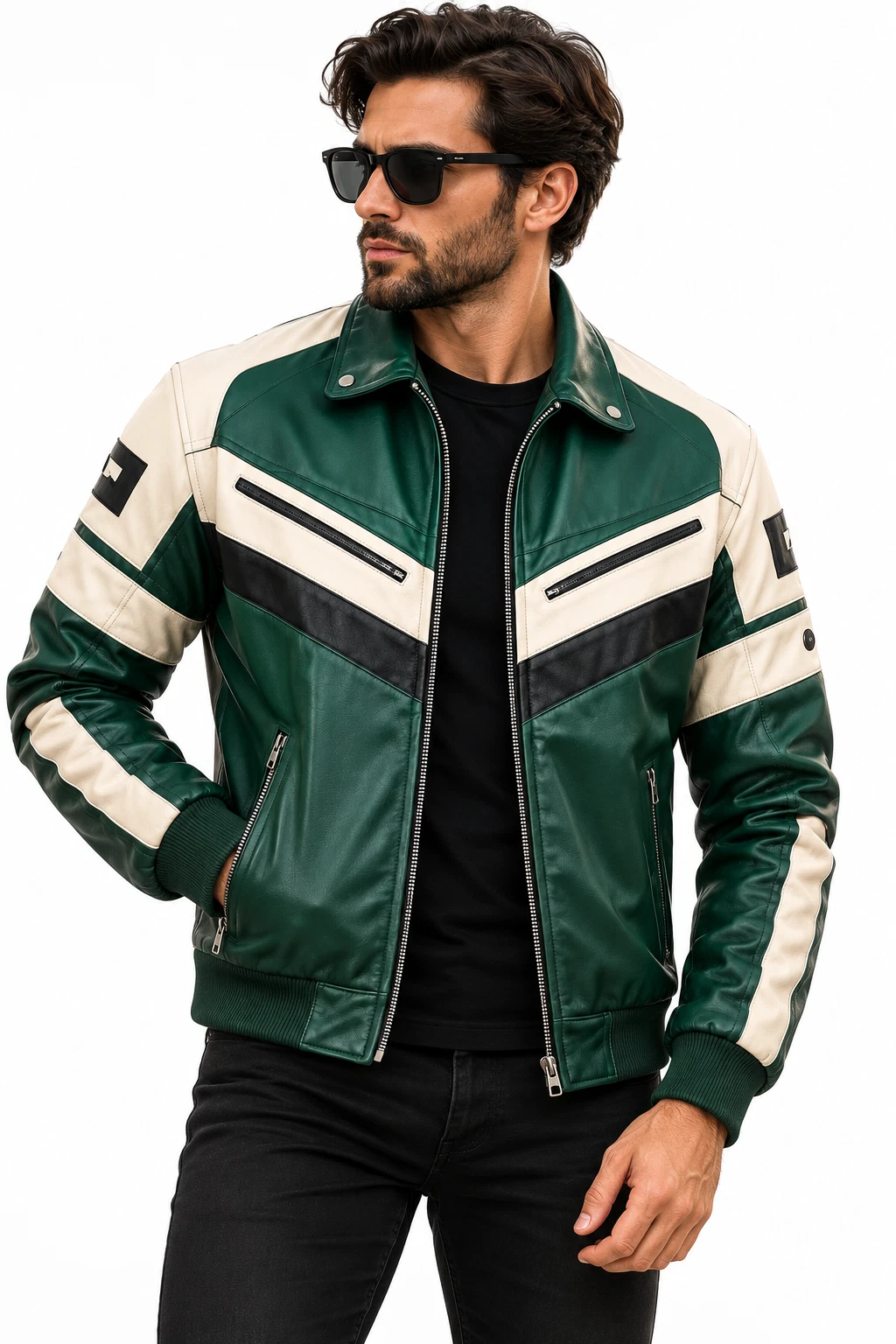 Mens Green White Genuine Cowhide Leather Jacket Retro Biker Racing Bomber Coat - product detail image 1
