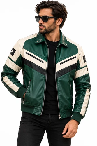 Mens Green White Genuine Cowhide Leather Jacket Retro Biker Racing Bomber Coat video thumbnail
