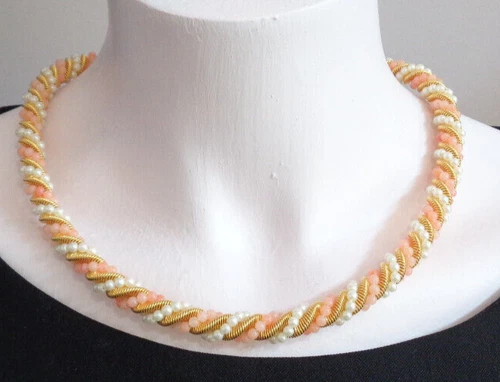 Vintage Necklace Coral Faux Pearl Bead Gold Tone Chain Twist Braid Design 19-21"