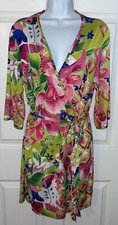 Josie Natori Sz Small Bright Tropical Floral Tie Front Wrap Robe EUC