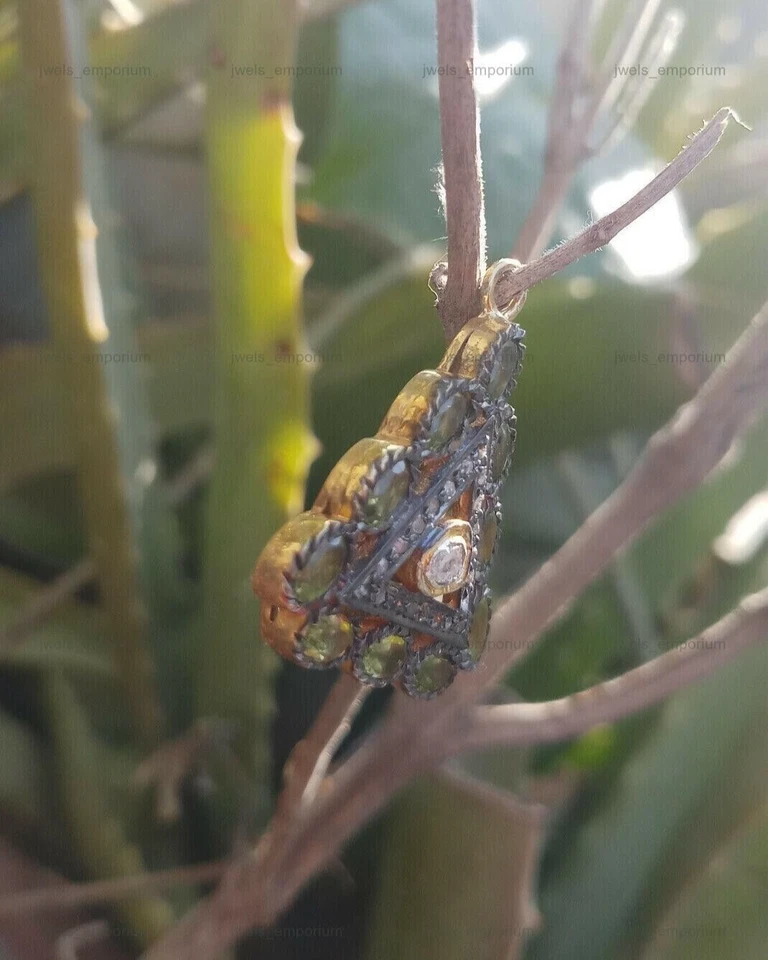 Green Peridot Gemstone Pendant 925 Sterling Silver Pendant Polki Diamond Pendant - Image 2 of 3
