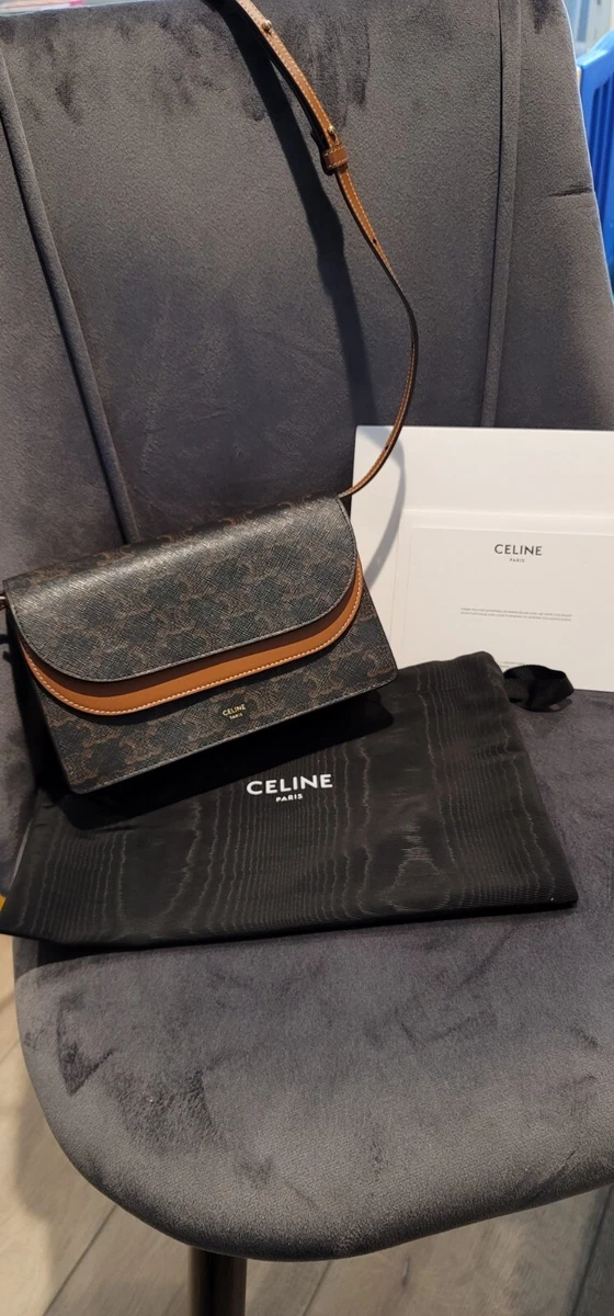 Celine Wallet On Strap in Triomphe Canvas and Tan Lambskin / Calfskin