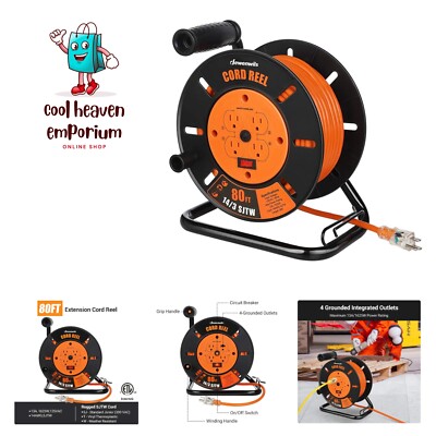 Retractable Extension Cord Reel, 80FT Heavy Duty Open Cord Reel for Indoor Ou...