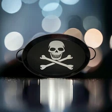 Skull Bones Jolly Roger Oval Metal Serving Party Tray 2 Handles Halloween Black 