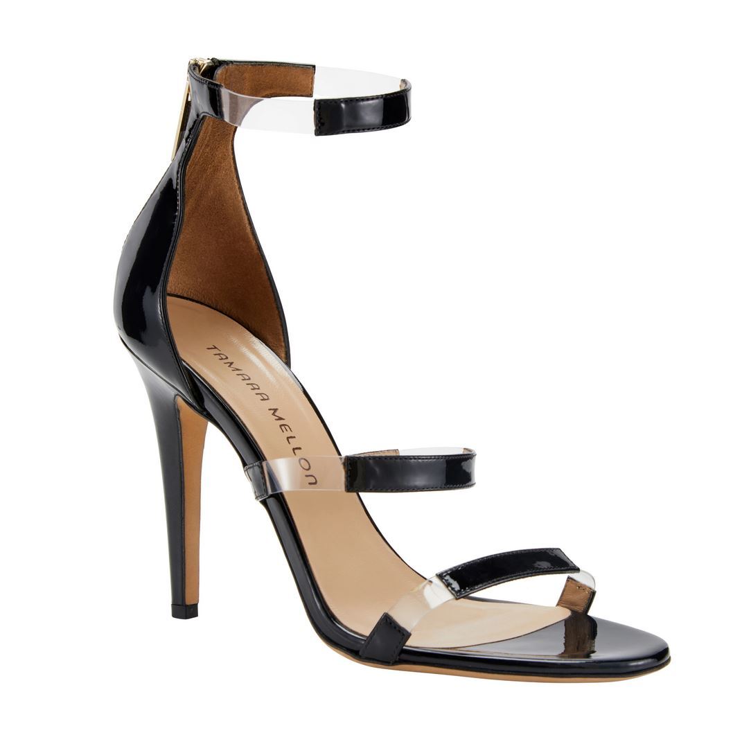 Tamara Mellon Black Patent Frontline Sandals 105mm Heels $495 NEW