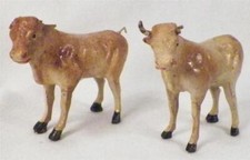 2 Cows Cow Chalkware Toys Beige Christmas Putz Decoration Plaster Vintage As Is