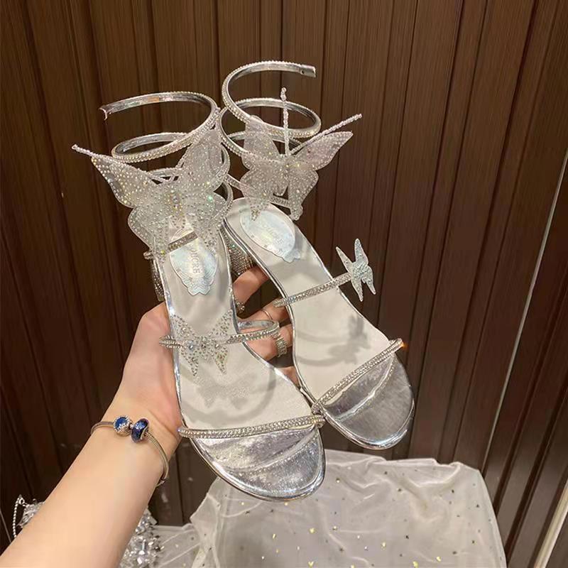 Women's Sandals Rhinestone Butterfly Chunky Heel High Heels Pumps Party  Shoes | eBay