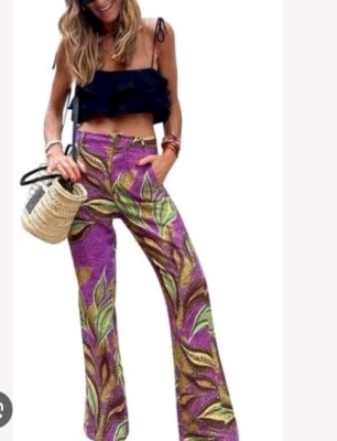 Zara Linen Blend Leaf Print Wide Leg Trouser Women's Size M 7852