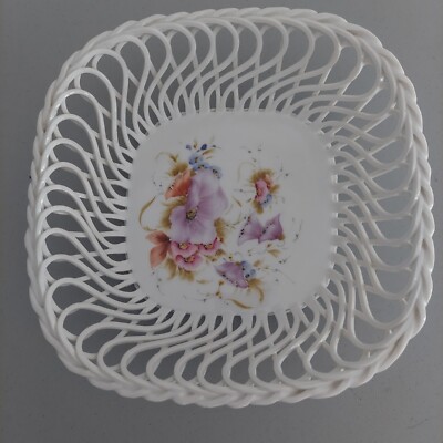 Porcelain Serving Bread Basket HP Purple/Pink Floral by JRJS - Artist signed