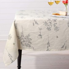 Summer Floral Beige Cotton Linen Rectangle Tablecloth Rustic Garden Natural