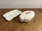 Vintage Lot Of 2 Hand Painted Milk Glass Trinket Box & Dish Flowers 5” Long