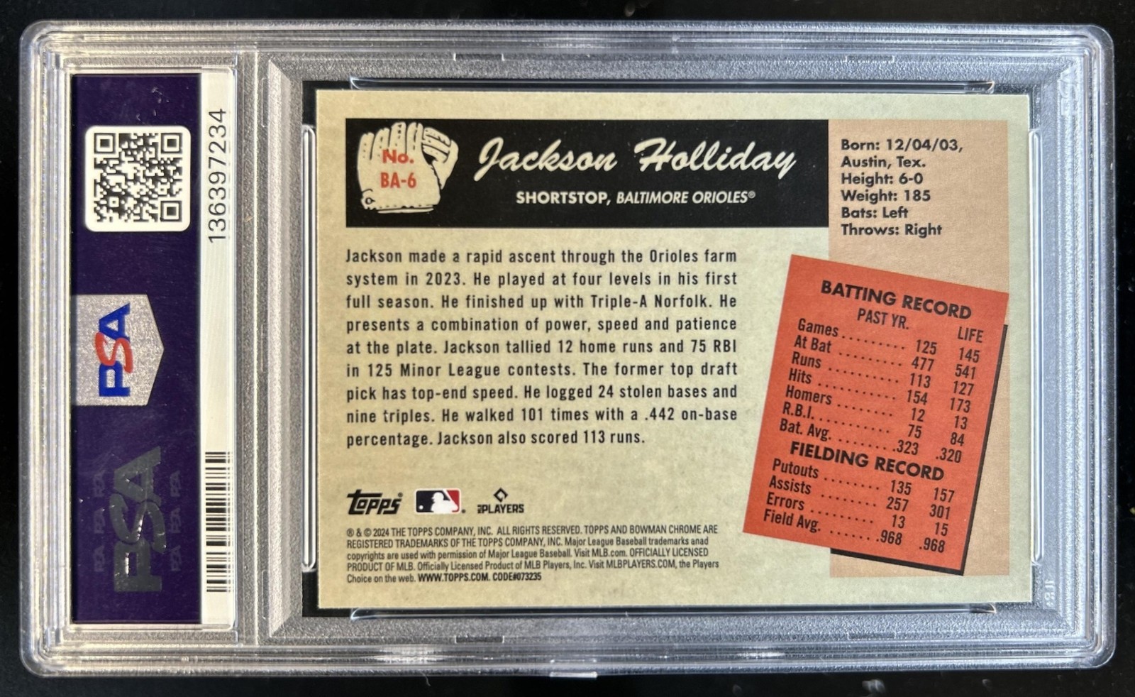 2024 Bowman Jackson Holliday 55 Anime SP Rookie RC #BA-6 Orioles PSA 9 view 2