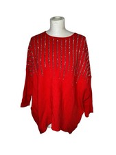 Moewy Red Rhinestone Oversized Knit Jumper One Size Sparkle