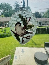 Vtg Glass Pinecone Ornament Painted Chickadee Bird Holly Berries Glitter 4.25