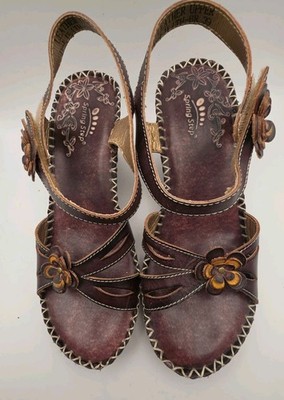 L'Artiste by Spring Step Lilith-BR Brown Leather Floral Wedge Sandals Women's 39