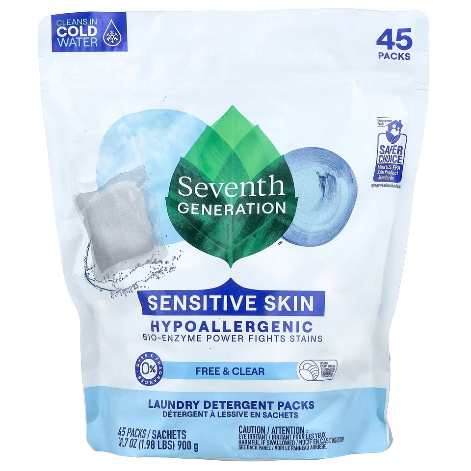 Laundry Detergent Packs, Free & Clear, Fragrance Free, 45 Packs, 1.98 lbs (900