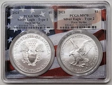 2021 Silver Eagle Type 1 & 2 PCGS MS70 FS Flag Frame Set RARE US Coin