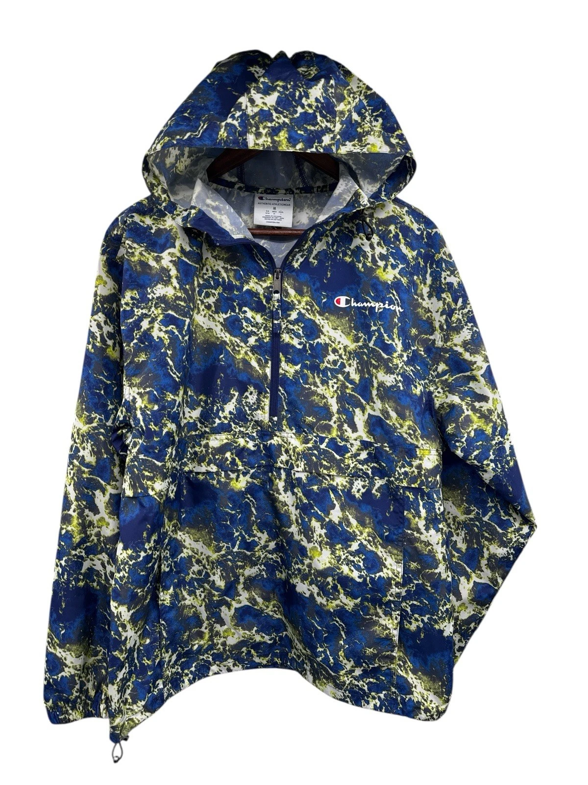 Champion Pullover Windbreaker Jacket Mens Med Blue Yellow Abstract Camo 1/2 Zip