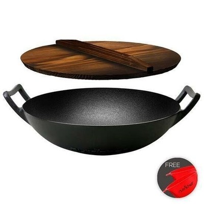 NutriChef Pre-Seasoned Cast Iron Wok w/ Wooden Lid   Non-Stick NCCIWOK60