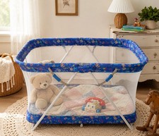 Vintage Cosco Folding Mesh Playpen 1980s Blue Retro Nursery Photo Prop 40x26