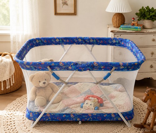 Vintage Cosco Folding Mesh Playpen 1980s Blue Retro Nursery Photo Prop 40x26