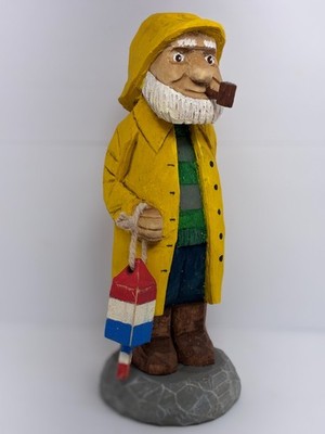 Antiqued Maine Lobsterman captain with Buoy- Hand Carved wood - Signed & Dated