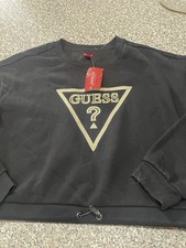 GUESS Los Angeles Cropped Crewneck Sweatshirt Black Gold Triangle Logo NWT Sz S