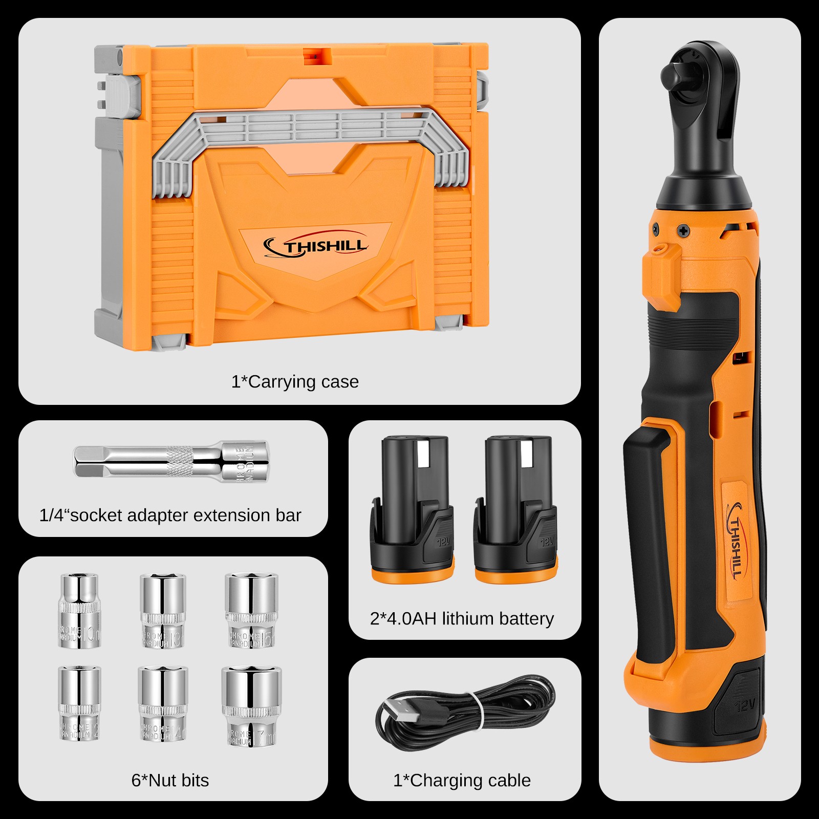 Thishill 3/8"  Ratchet Wrench Set 7 Sockets and Charger for Automobile Engine