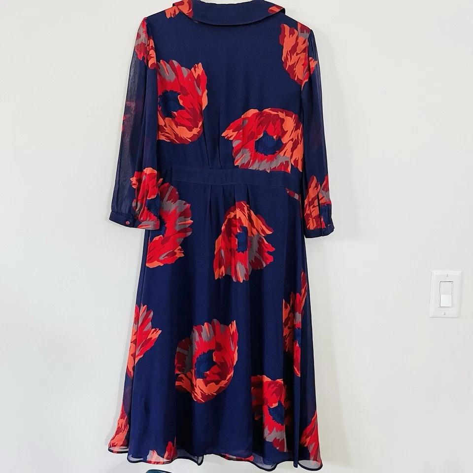 Vestido Boden Peter Pan Cuello Talla 10L Manga 3/4 Azul Marino Rojo Floral Foto 2 de 4