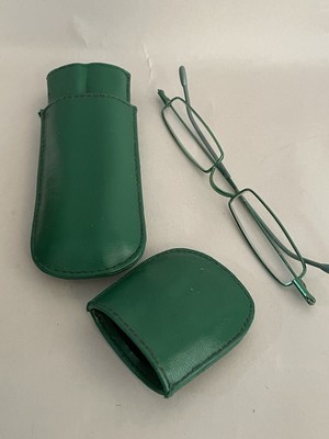 Vintage ausgefallene grüne extrem dünne Gläser & Gestell Lesebrille im grünen Etui 